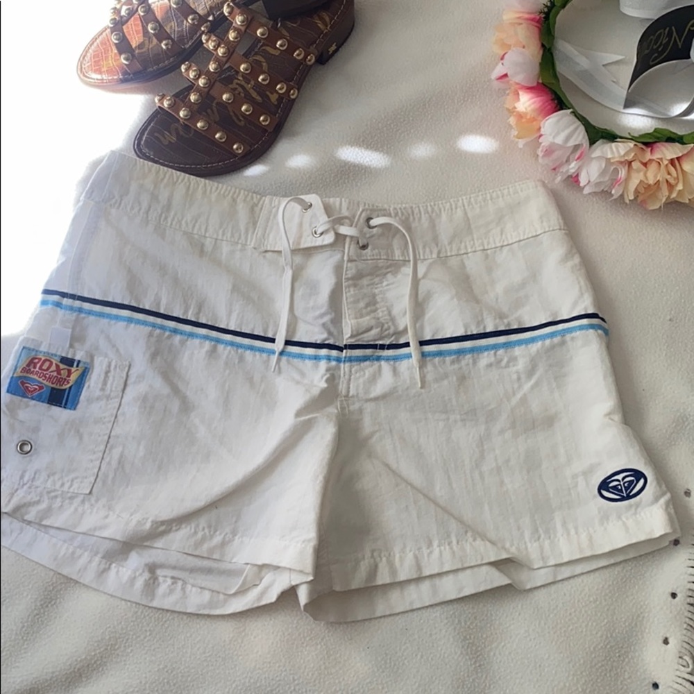 Roxy White Swim Shorts with Blue Stripe